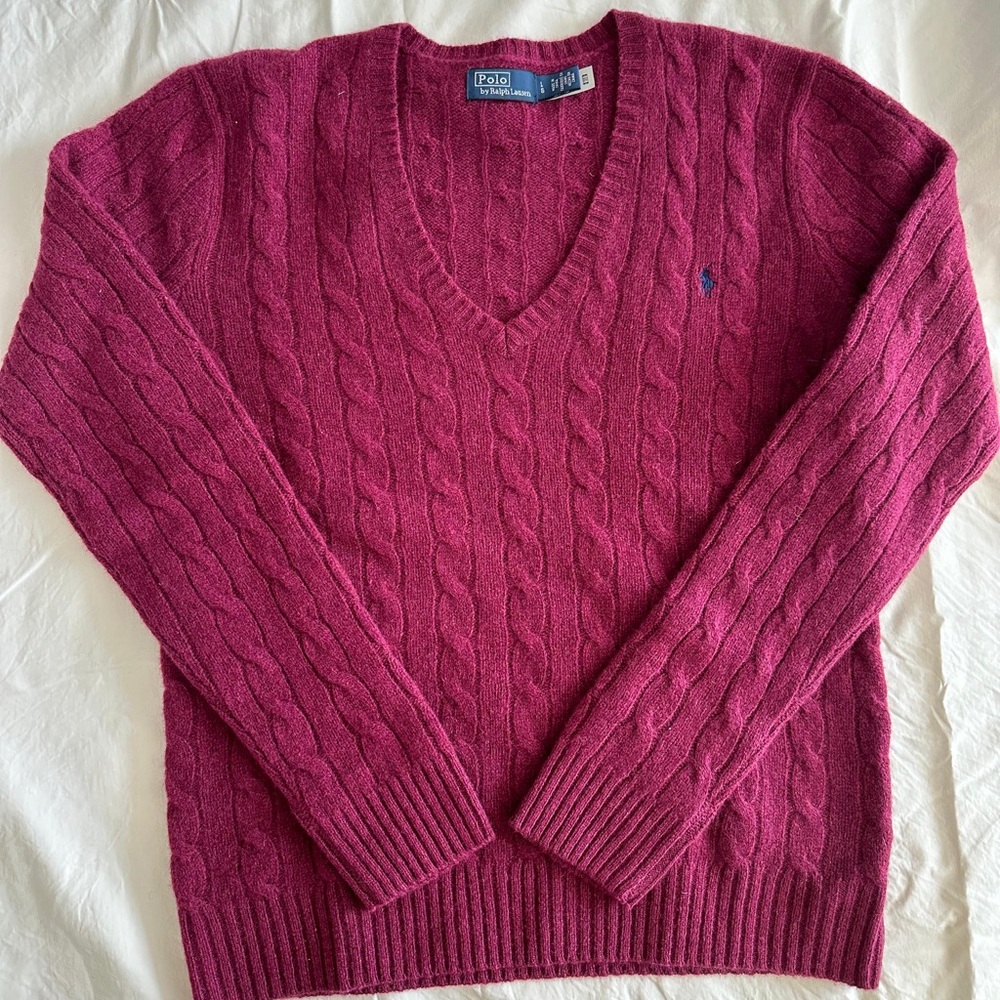 NWOT Polo Ralph Lauren burgundy v-neck cashmere-wool cable knit sweater size L